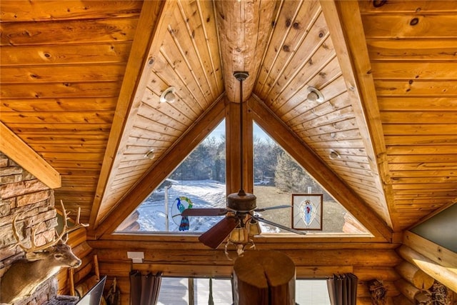 details with log walls, beam ceiling, wood ceiling, and a ceiling fan