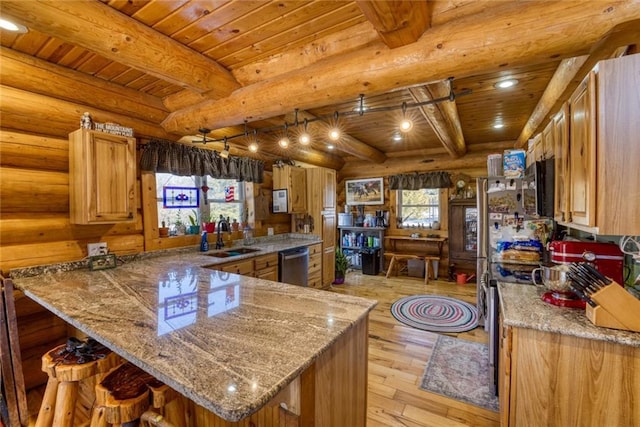 kitchen featuring a sink, stainless steel dishwasher, wooden ceiling, light wood finished floors, and log walls