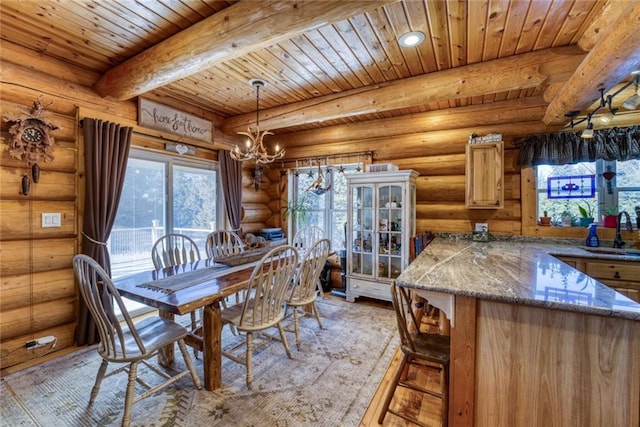 dining space featuring log walls, an inviting chandelier, light wood-style flooring, wood ceiling, and beamed ceiling