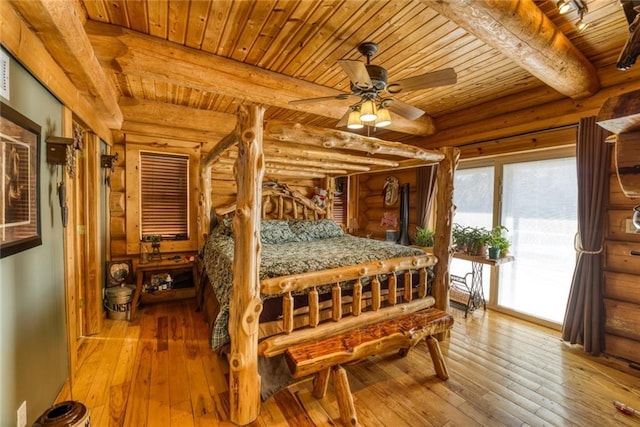 bedroom with wood ceiling, beam ceiling, hardwood / wood-style flooring, rustic walls, and access to outside