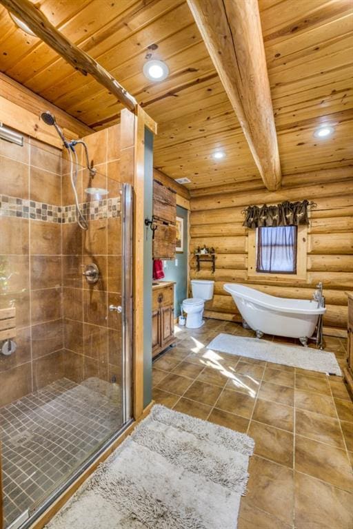 bathroom with wood ceiling, a stall shower, and tile patterned flooring