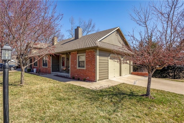 view of front facade with a front yard, an attached garage, a chimney, concrete driveway, and brick siding