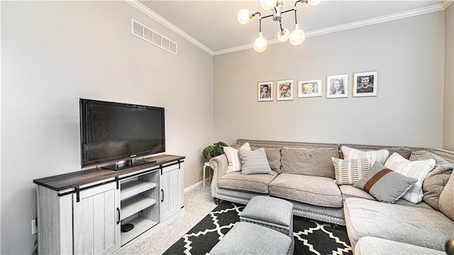 living room featuring visible vents, ornamental molding, carpet, baseboards, and a chandelier