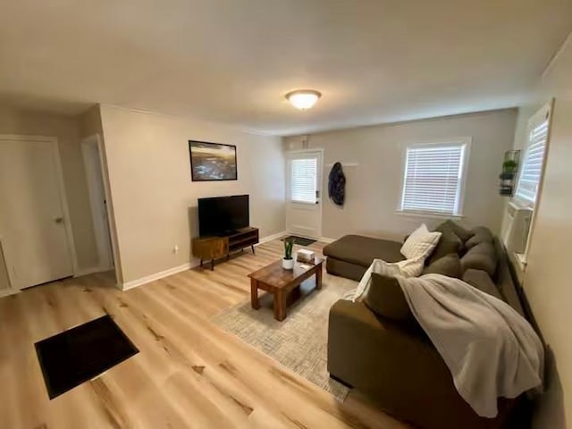 living room with light wood-style flooring and baseboards