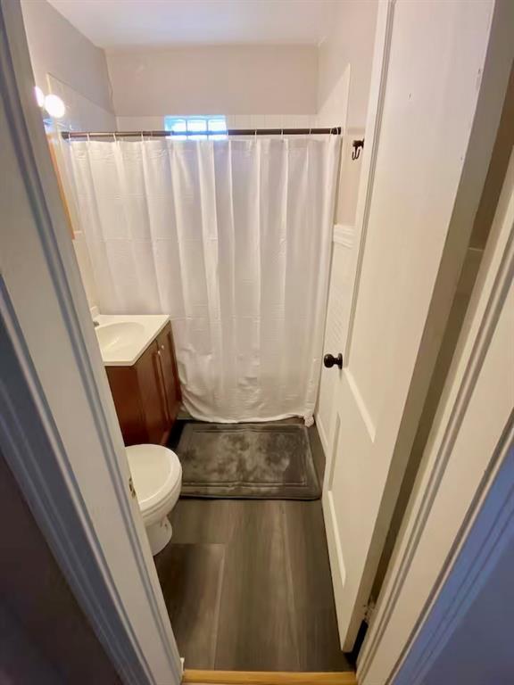 bathroom featuring vanity, a shower with shower curtain, toilet, and wood finished floors