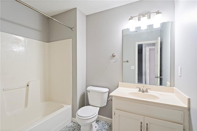 bathroom with toilet, shower / tub combination, a textured ceiling, baseboards, and vanity