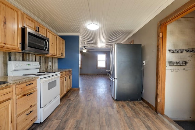 kitchen featuring stainless steel appliances, dark wood-style floors, ornamental molding, and a ceiling fan