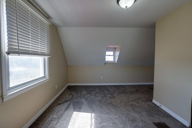 additional living space featuring lofted ceiling, carpet, visible vents, and baseboards