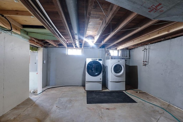 below grade area with electric panel and washer and dryer