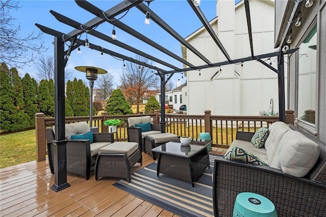 wooden deck featuring an outdoor living space and a pergola