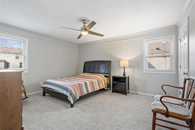 bedroom featuring baseboards, carpet, and ornamental molding