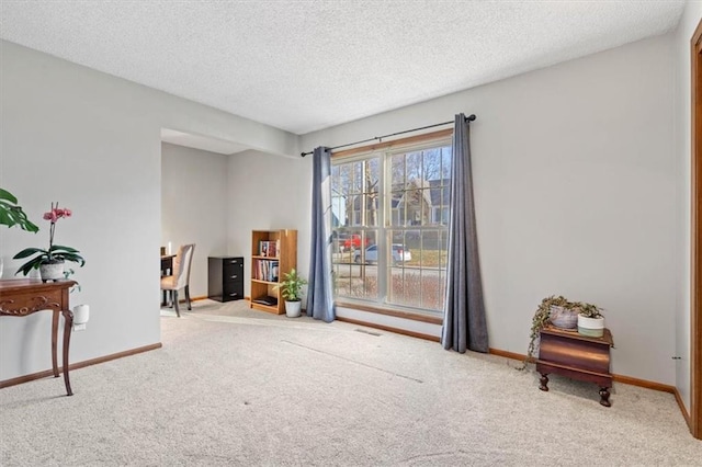 sitting room with carpet flooring, a textured ceiling, and baseboards