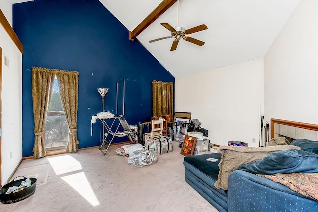 living area featuring beam ceiling, high vaulted ceiling, and ceiling fan