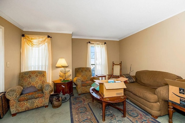 living room featuring carpet flooring and crown molding