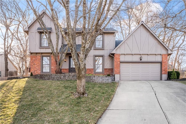 view of front of property featuring brick siding, concrete driveway, a front lawn, and a garage