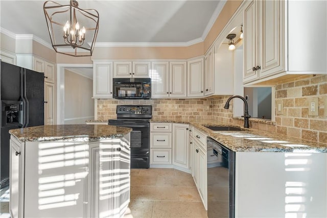 kitchen featuring a sink, tasteful backsplash, black appliances, and ornamental molding