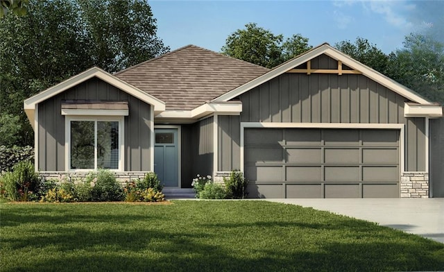 view of front of home featuring stone siding, roof with shingles, board and batten siding, an attached garage, and a front yard