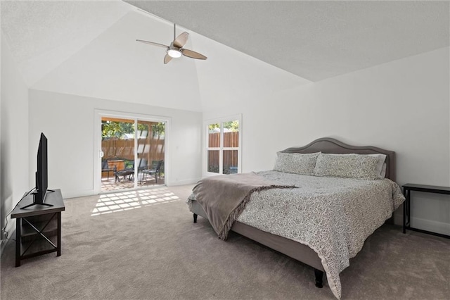 bedroom with high vaulted ceiling, carpet, a ceiling fan, and access to outside