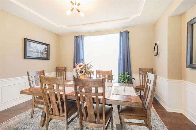 dining room with dark wood finished floors, a wainscoted wall, a decorative wall, and a tray ceiling