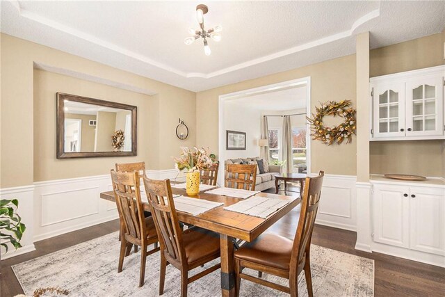 dining space with dark wood finished floors, a raised ceiling, a wainscoted wall, and a textured ceiling