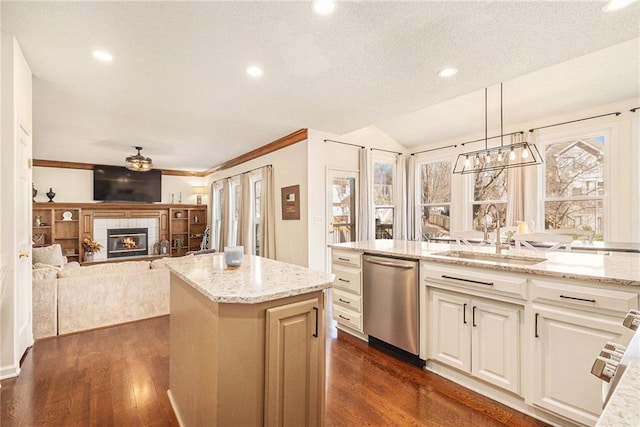 kitchen with light stone counters, a sink, dark wood-style flooring, and stainless steel dishwasher