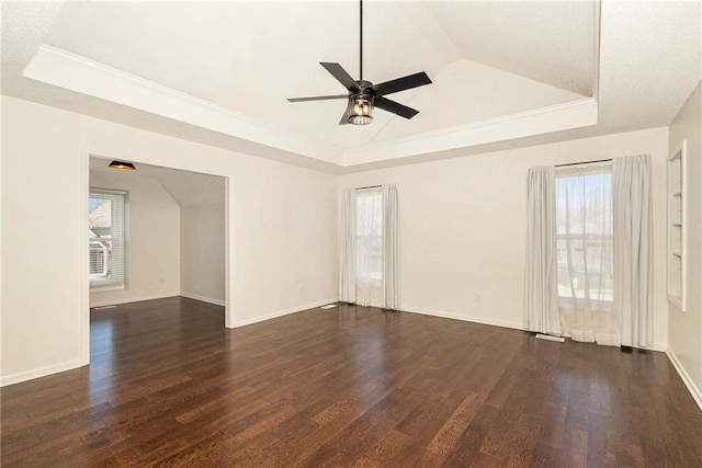 unfurnished room with a raised ceiling, a healthy amount of sunlight, and ceiling fan