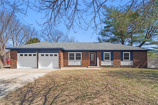 single story home with brick siding, driveway, a front lawn, and a garage