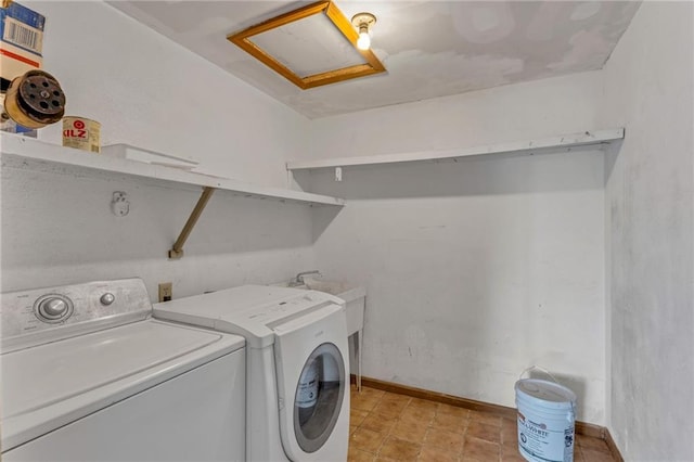 washroom featuring laundry area, independent washer and dryer, and attic access