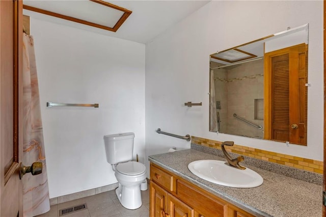 full bathroom with visible vents, toilet, decorative backsplash, tile patterned floors, and vanity