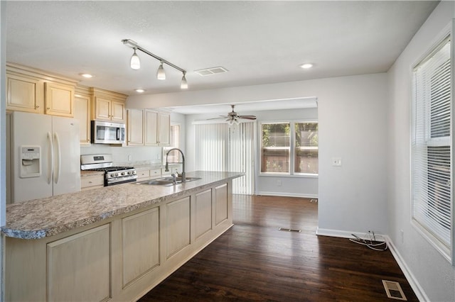 kitchen with baseboards, visible vents, dark wood-style flooring, a sink, and appliances with stainless steel finishes