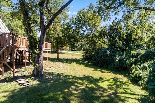 view of yard featuring stairway and a deck