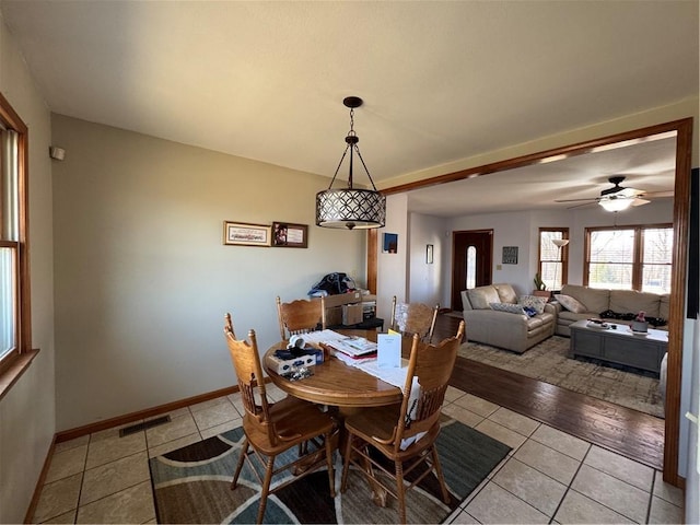 dining room with ceiling fan, visible vents, baseboards, and light tile patterned flooring