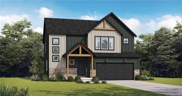 modern farmhouse with board and batten siding, a front lawn, driveway, and roof with shingles