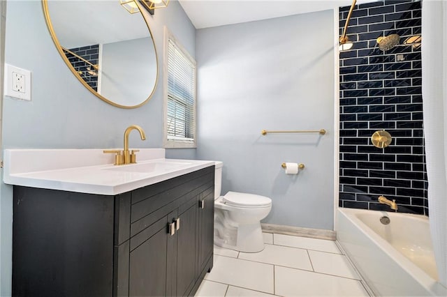 bathroom featuring vanity, baseboards, tile patterned flooring, shower / washtub combination, and toilet