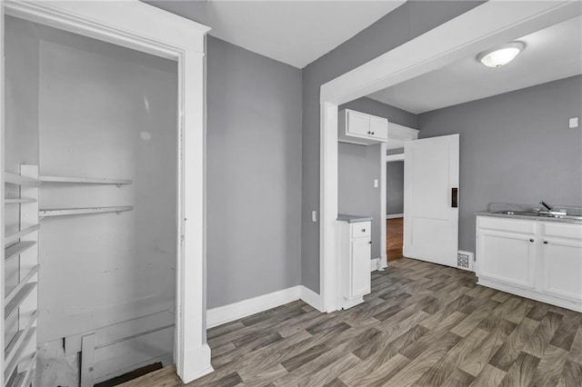 interior space featuring a sink, baseboards, and wood finished floors