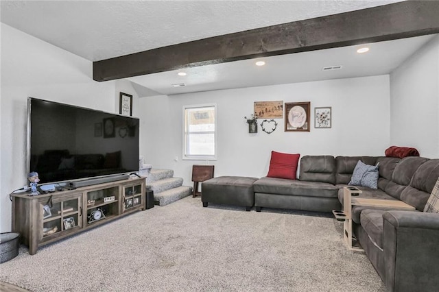 living area with visible vents, beamed ceiling, stairway, carpet flooring, and recessed lighting