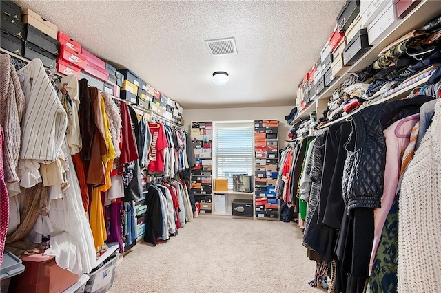 walk in closet featuring visible vents and carpet floors