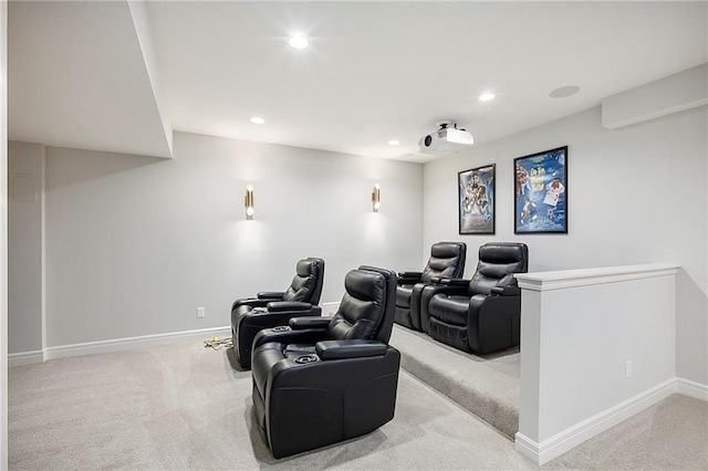 carpeted home theater with recessed lighting and baseboards