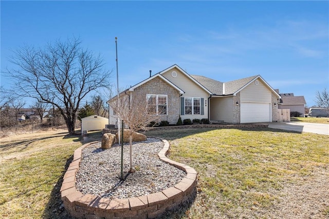 ranch-style house with a front lawn, an attached garage, and driveway