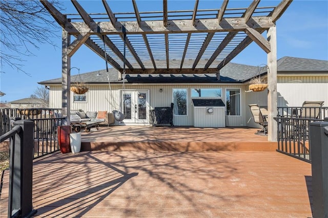 view of patio featuring an outdoor living space, french doors, a deck, and a pergola