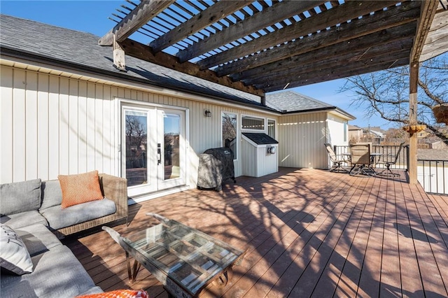 wooden terrace featuring outdoor dining space, an outdoor living space, french doors, and a pergola