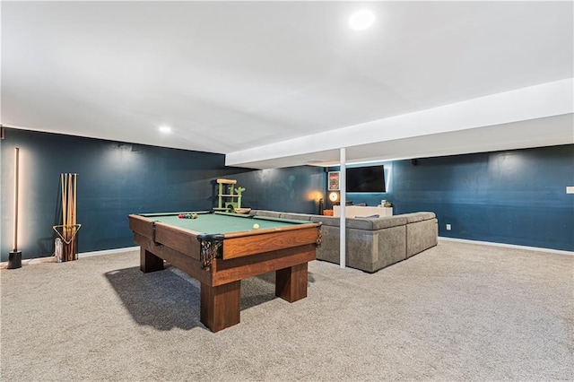 game room featuring pool table, carpet flooring, recessed lighting, and baseboards