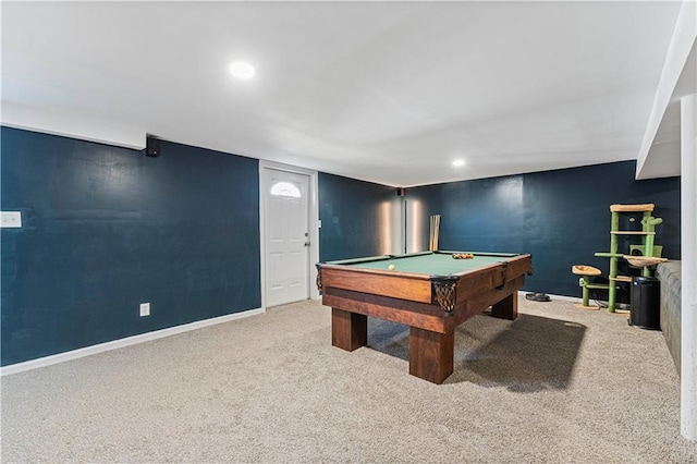 rec room with recessed lighting, baseboards, billiards, and carpet flooring