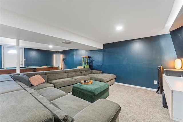 living room with visible vents, pool table, baseboards, carpet flooring, and recessed lighting