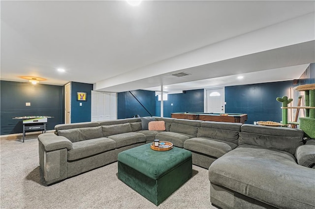 carpeted living room featuring billiards, recessed lighting, baseboards, and visible vents