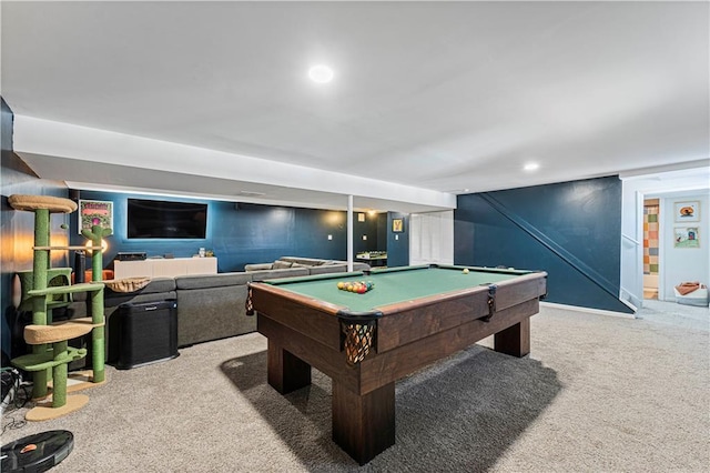 playroom with recessed lighting, pool table, and carpet flooring