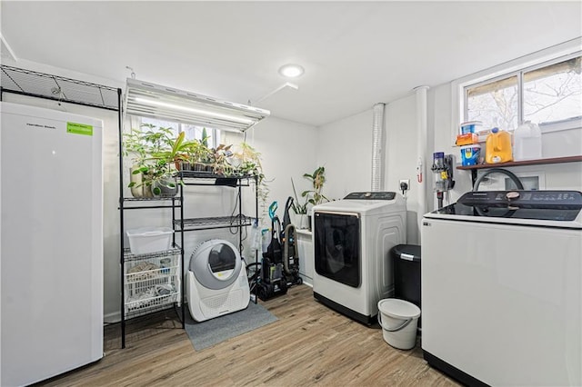 laundry room with washer and clothes dryer, laundry area, and light wood-type flooring