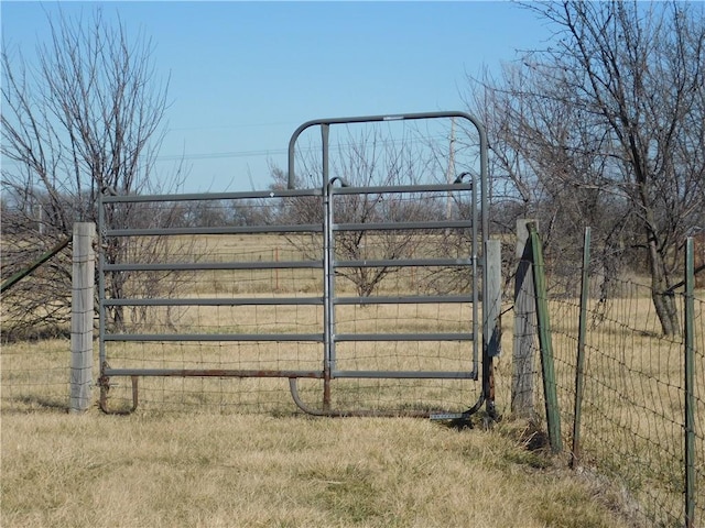 view of gate with a rural view and fence