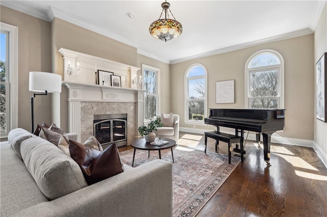 living area featuring ornamental molding, wood finished floors, and a premium fireplace