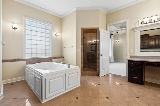 bathroom featuring a shower stall, crown molding, baseboards, a bath, and vanity